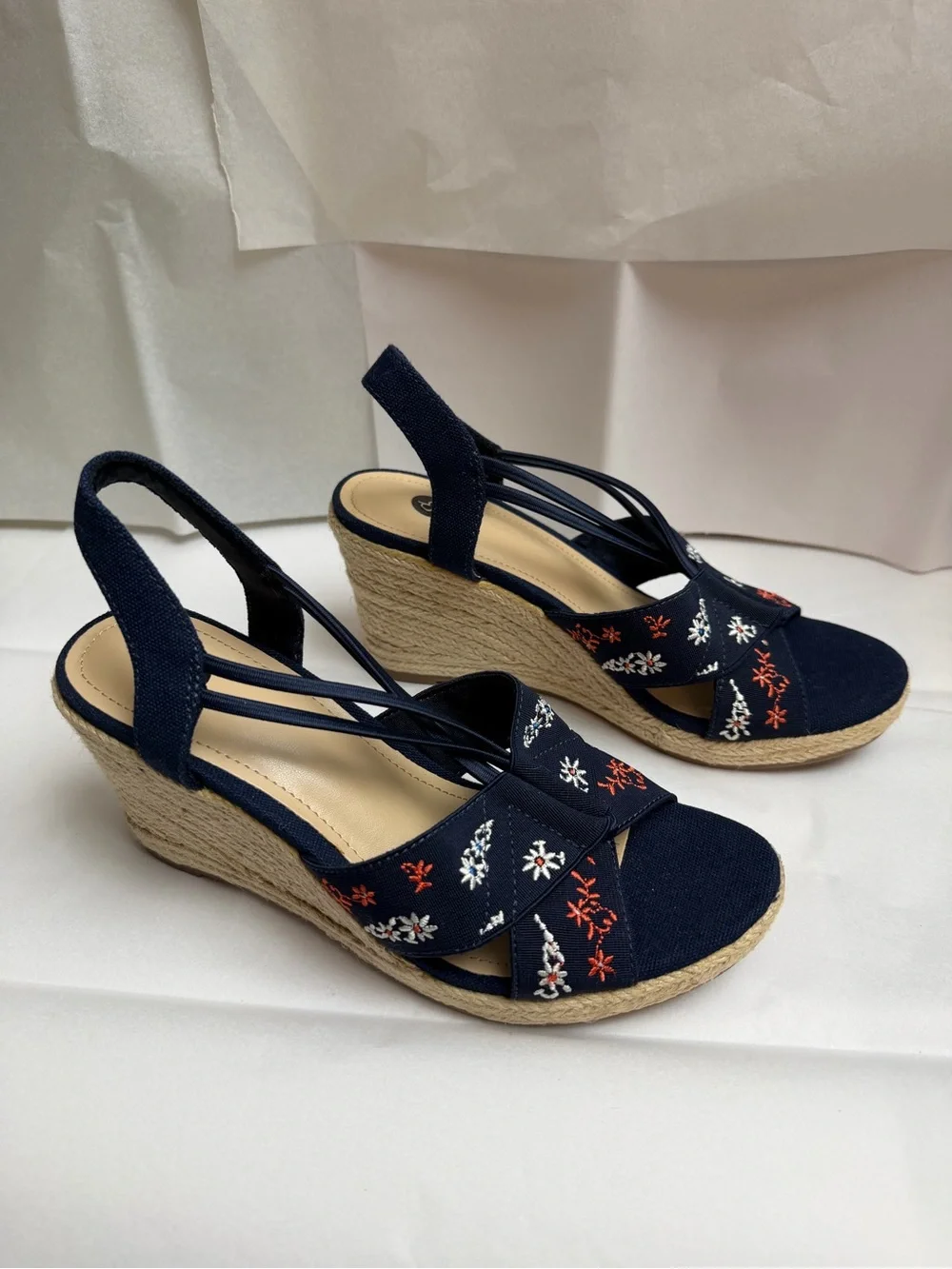 Dress Barn Navy Embroidered Espadrille Wedge Sandals